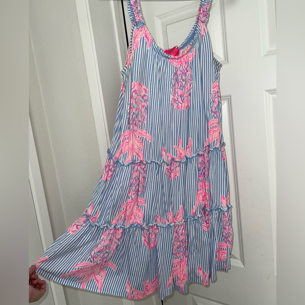 Lilly Pulitzer Peri Blue Rum Swizzle Pineapple Stripe Loro Swing Dress Small S